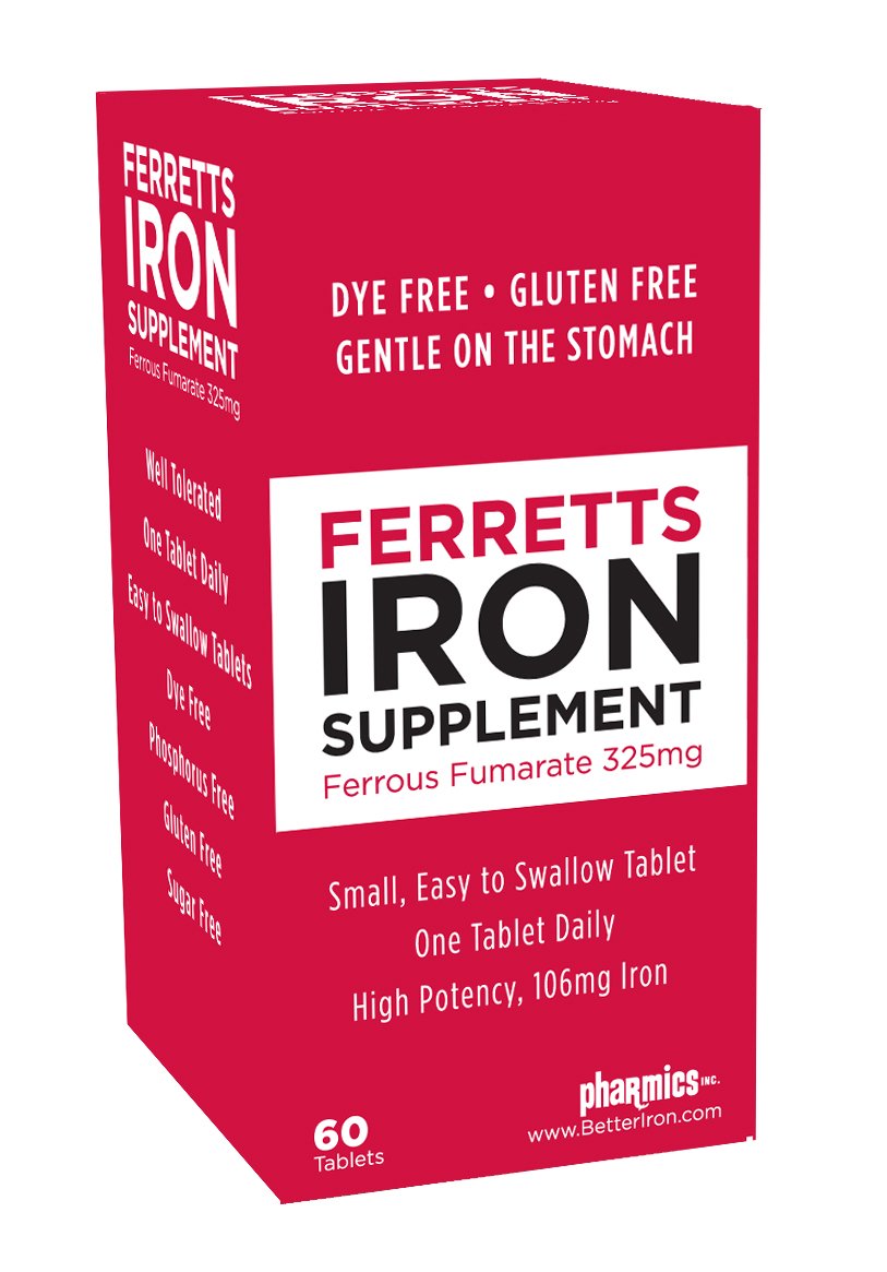 Ferretts Iron Tablets 106mg (325mg Ferrous Fumarate) – 60 Day Supply