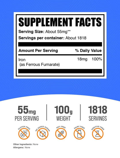 Ferrous Fumarate Powder – Iron Supplement, Gluten Free, 55 mg per Serving | BulkSupplements