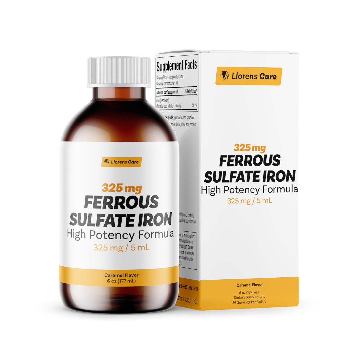 Llorens Care Ferrous Sulfate Liquid Iron 325mg – 65mg Elemental Iron, 6 oz Caramel