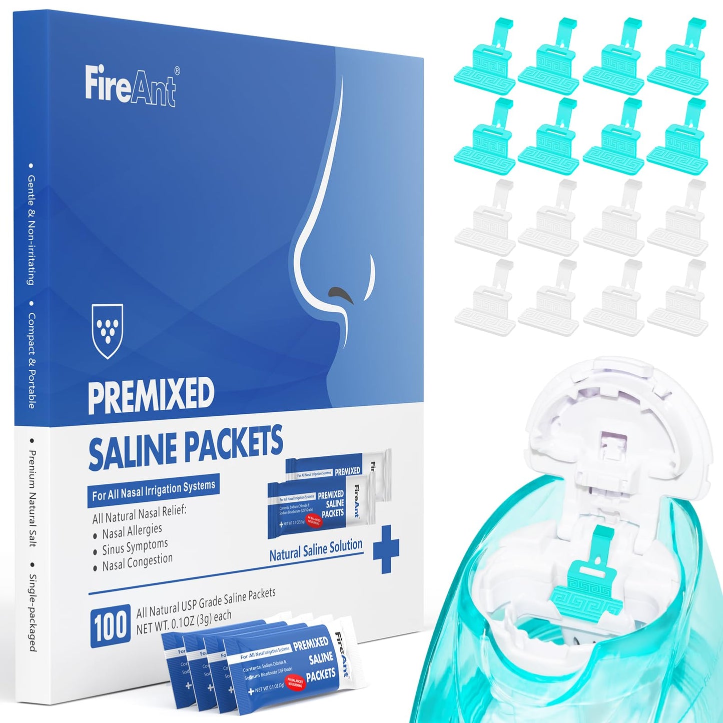 FireAnt 100 Saline Packets + 16 Silicone Pods Refills for Navage Nasal Care