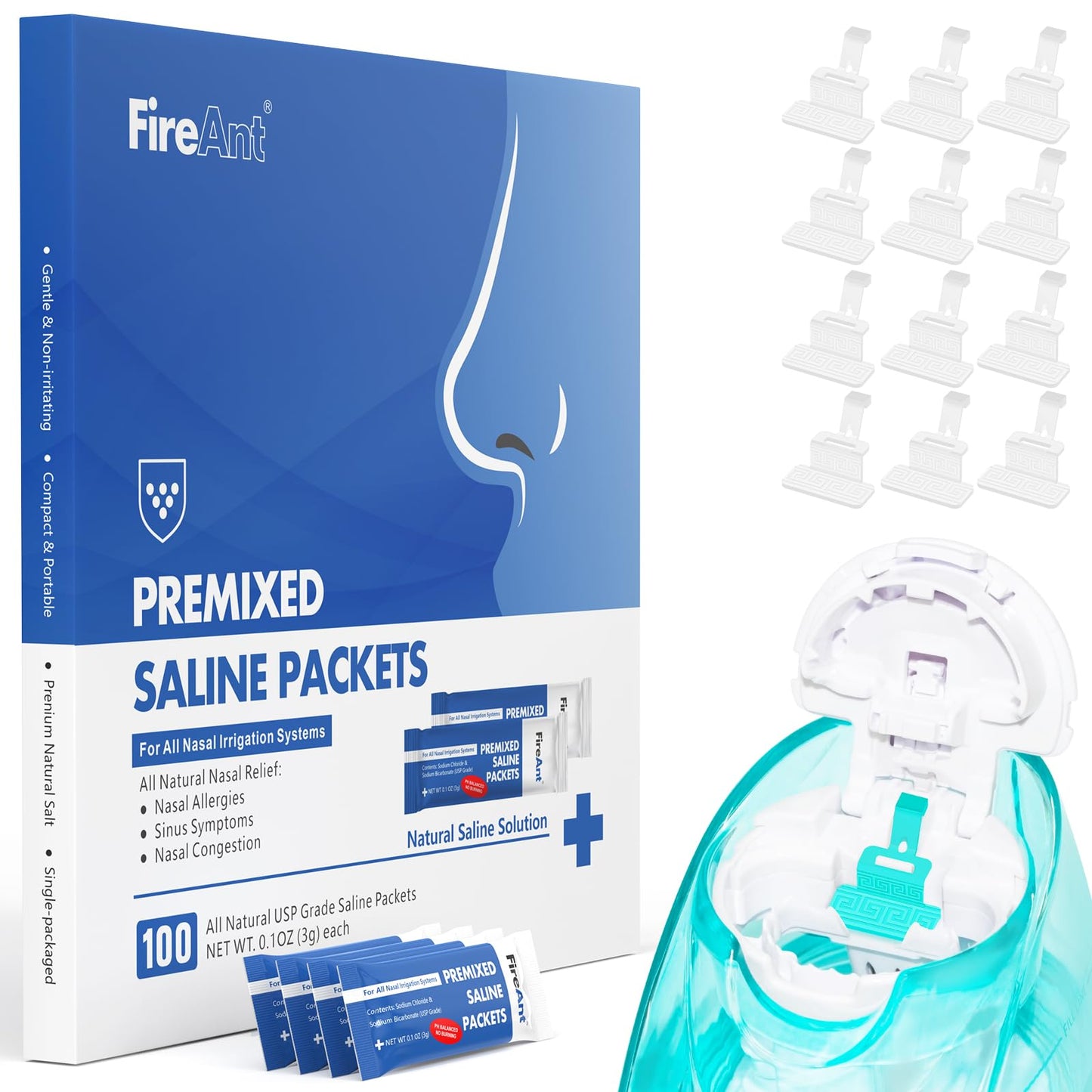 FireAnt 100 Saline Packets + 12 Reusable Silicone Pod Refills for Navage Nasal Care
