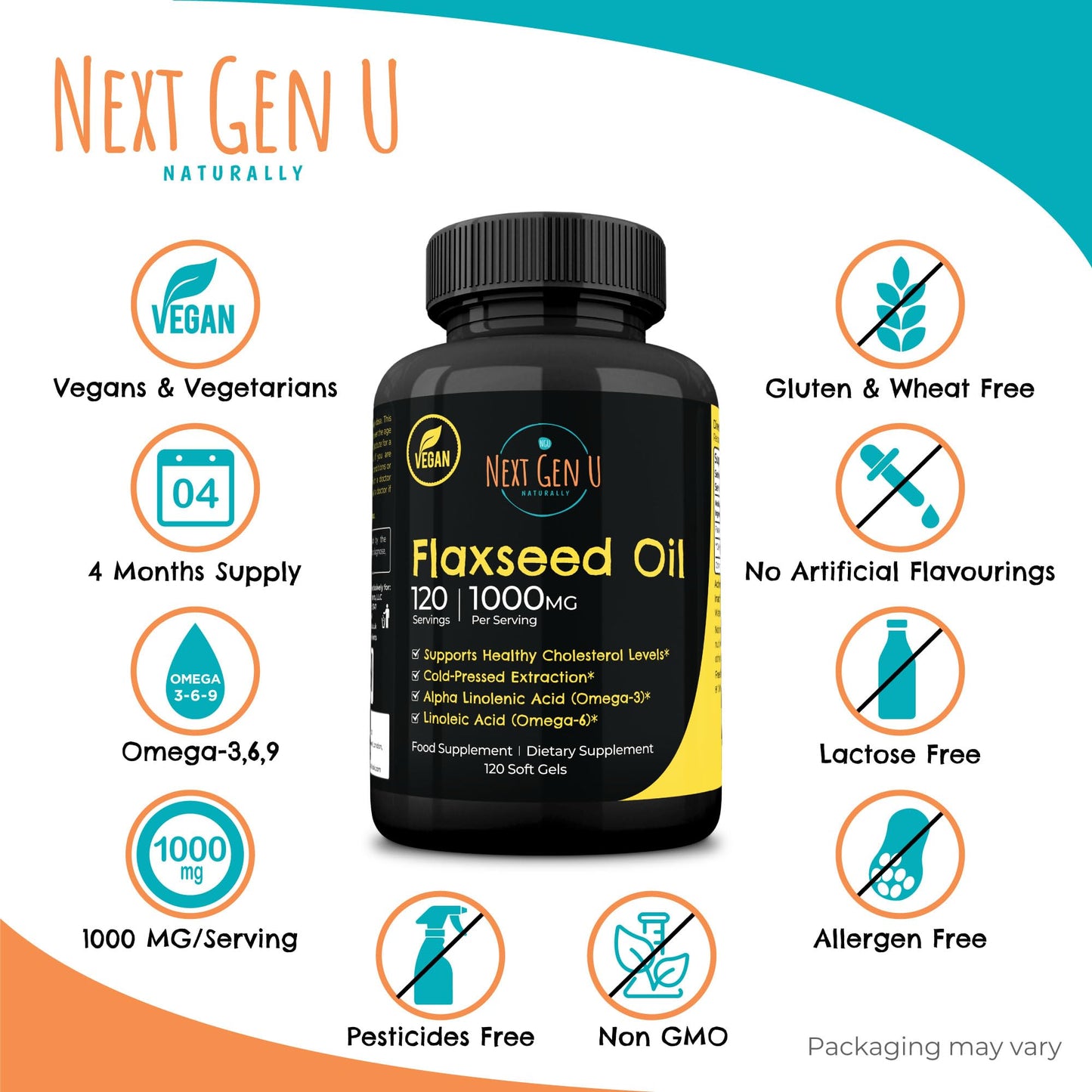 Flaxseed Oil Capsules 1000 mg – 120 Vegan Soft Gels | NextGenU Pack of 2