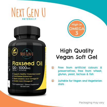 Flaxseed Oil Capsules 1000 mg – 120 Vegan Soft Gels | NextGenU Pack of 2