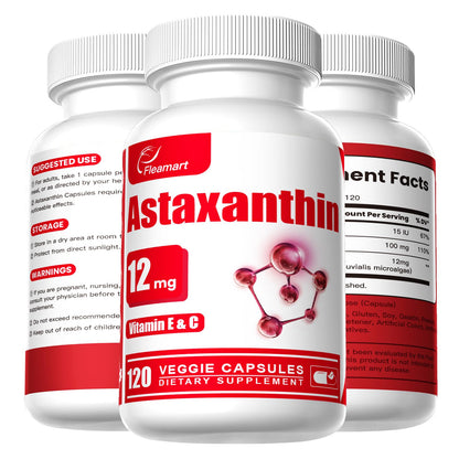 Fleamart Astaxanthin 12mg with Vitamin E & C – 120 Capsules (Vegan, Gluten Free, Non-GMO)