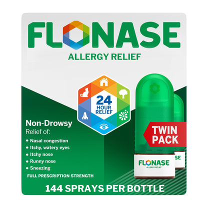 Flonase Allergy Relief Nasal Spray — 24-Hour Non-Drowsy, 144 Sprays per Bottle (Pack of 2) for Fall & Seasonal Allergies