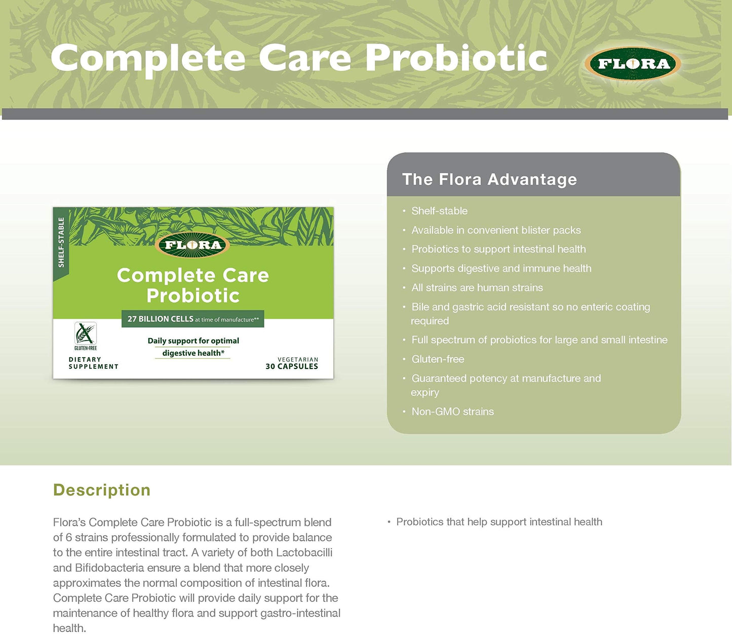 Flora Complete Care Probiotic 34B CFU – 6 Strains, Gluten-Free & Non-GMO | 30 Veg Capsules