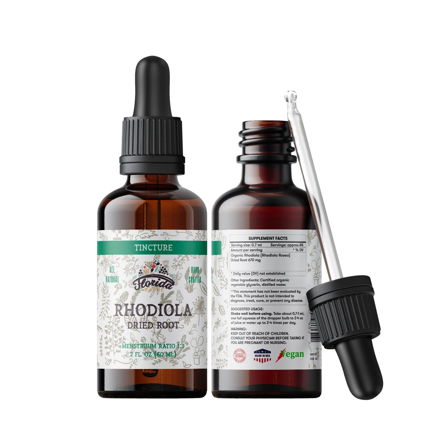 Florida Herbs Rhodiola Tincture – Organic Rhodiola Rosea Extract (2 oz, 670 mg) Non-GMO