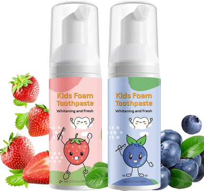 Foam Toothpaste Kids 2PCS – Fluoride-Free, Strawberry & Blueberry, 60ml x 2, U-Shape & Electric Toothbrush Compatible