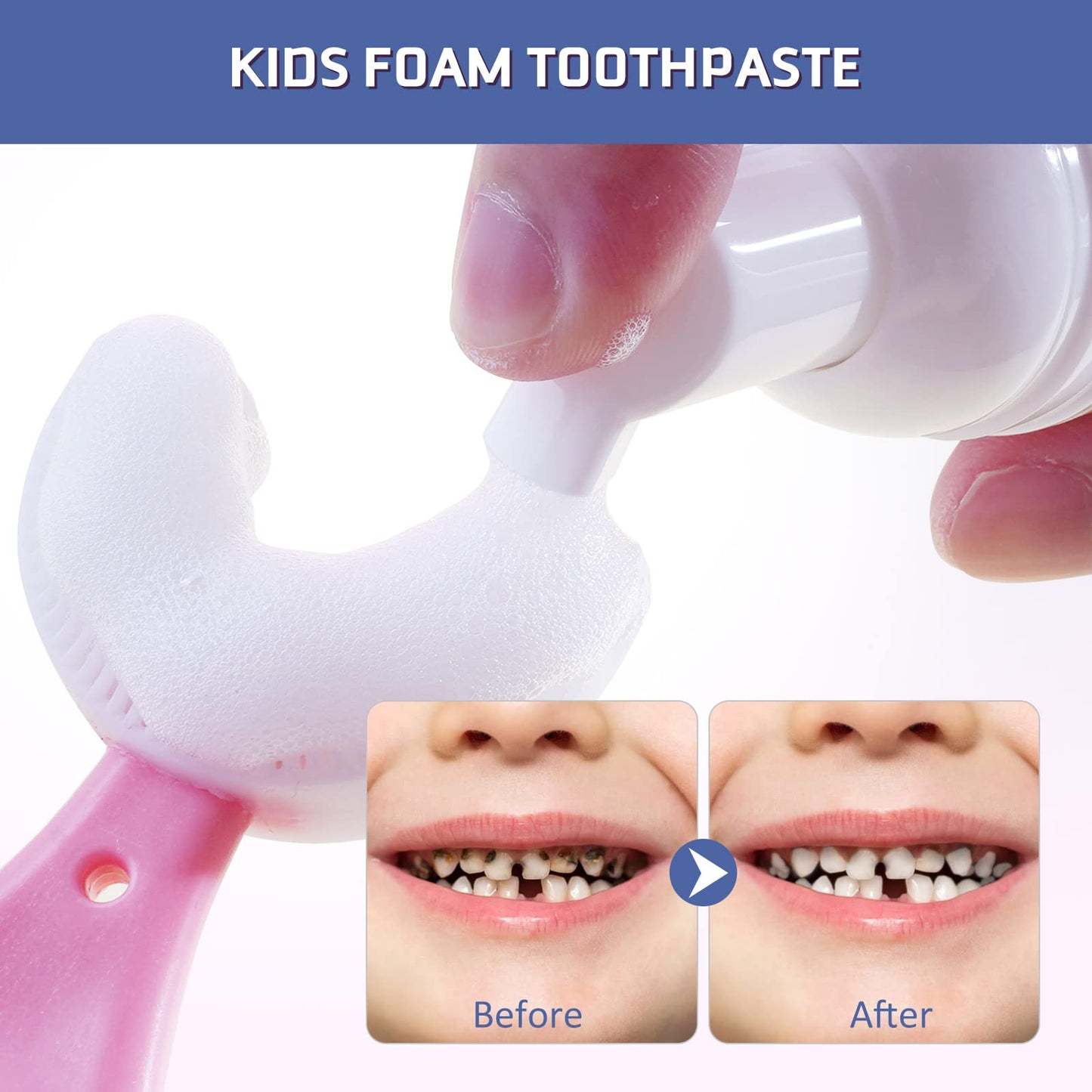 Foam Toothpaste for Kids – Blueberry, 2 Pack, Low Fluoride, U‑Shaped Brush