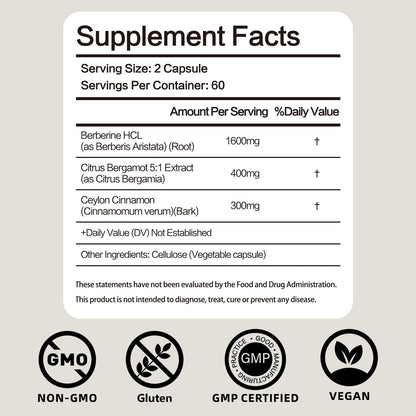 FraFr.gancia Berberine HCl with Ceylon Cinnamon & Citrus Bergamot – 120 Vegan Capsules