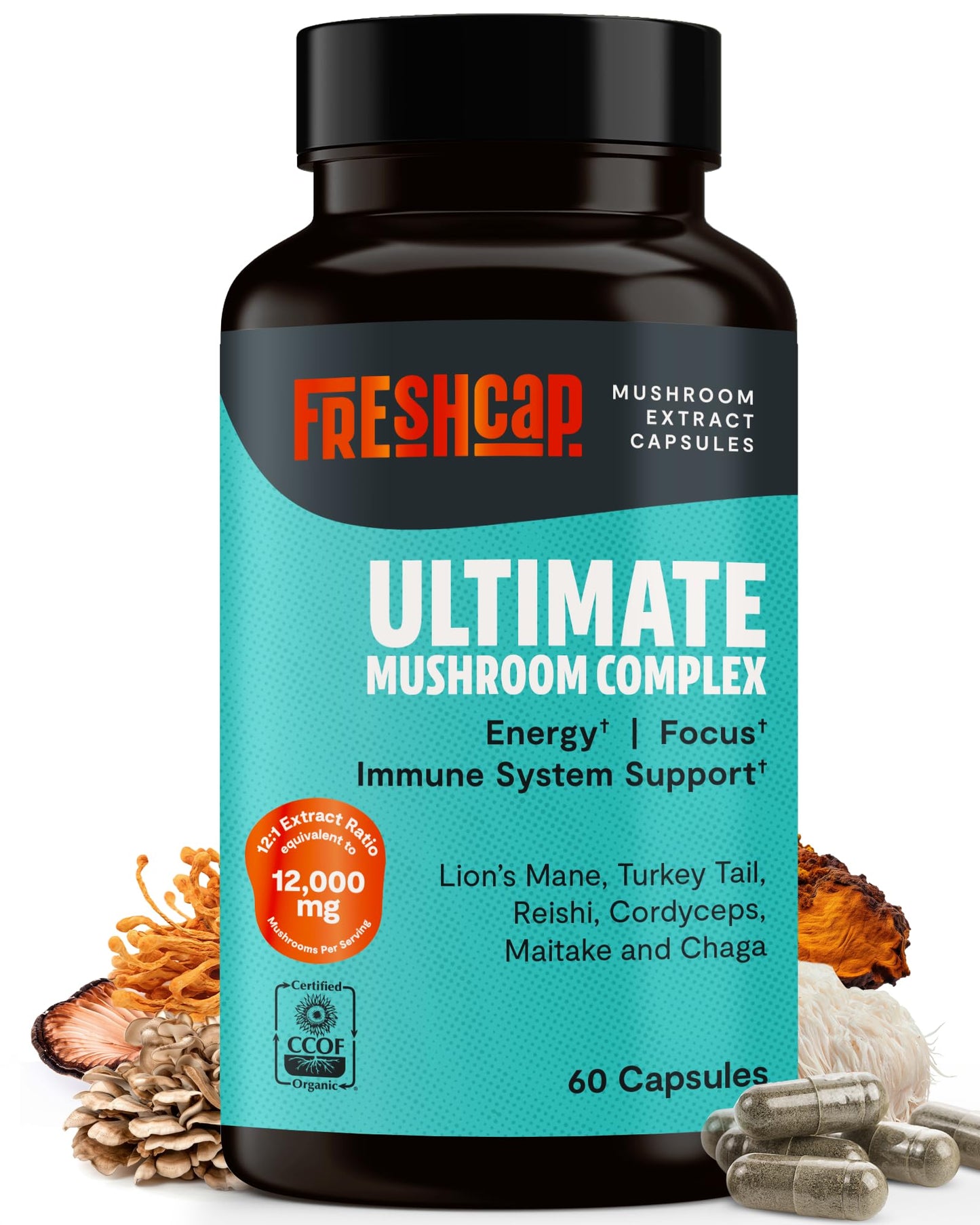 FreshCap Mushrooms Ultimate 12,000mg Complex – Nootropic Brain Support (60 Capsules)