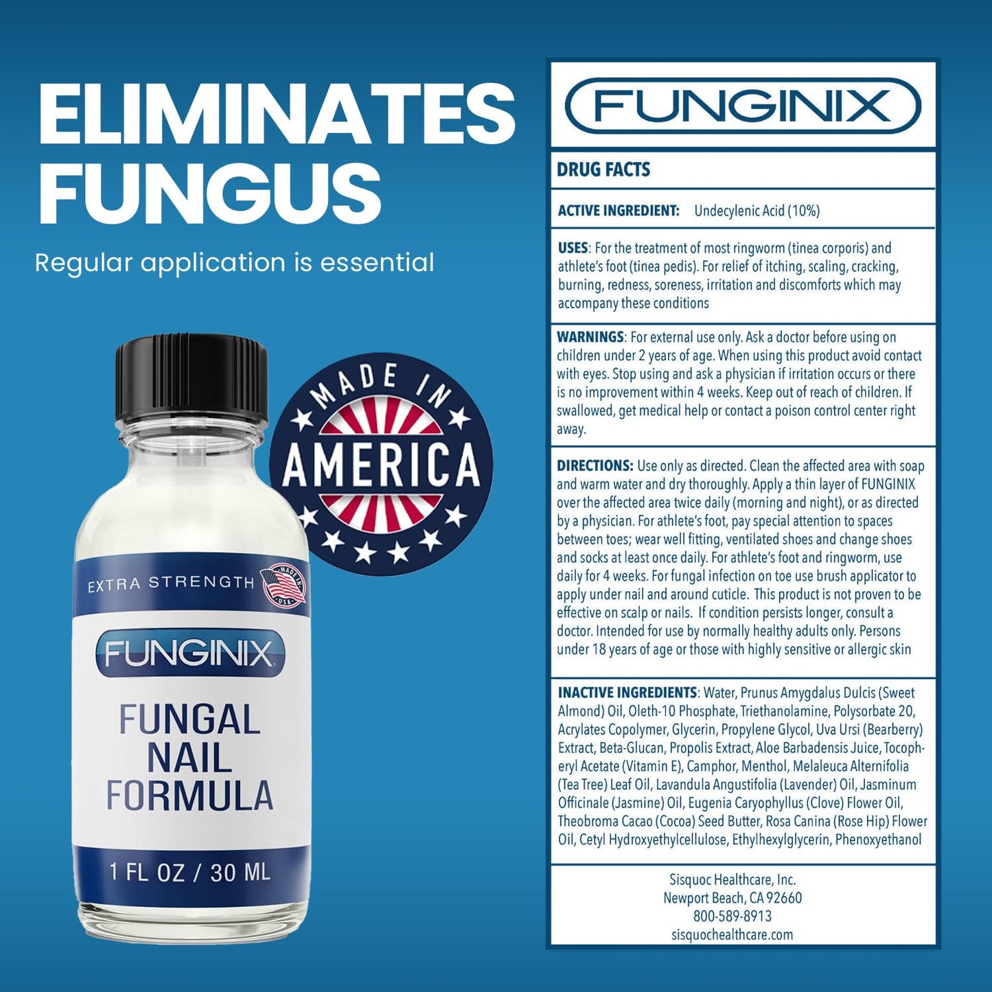 FUNGINIX Toenail Fungus Treatment Extra Strength – 10% Undecylenic Acid + Tea Tree Oil (Made in USA)
