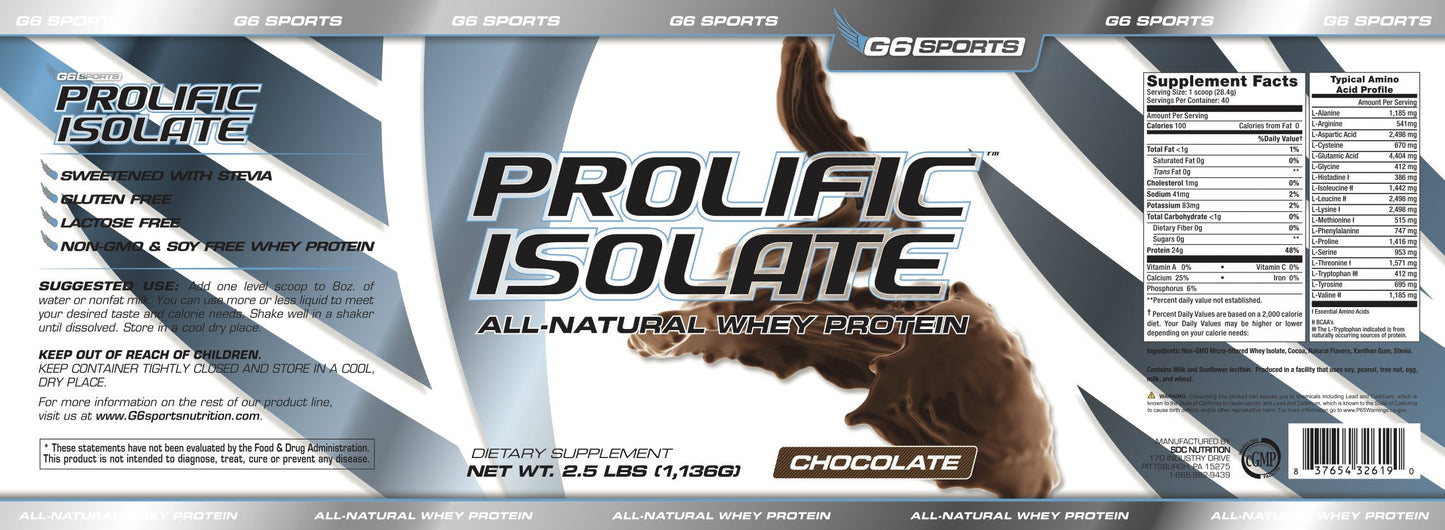 G6 Sports Prolific Isolate Whey Protein Powder – 25g Protein, 100 Calories, Gluten Free & Lactose Free, 2.5lb Jar, Chocolate