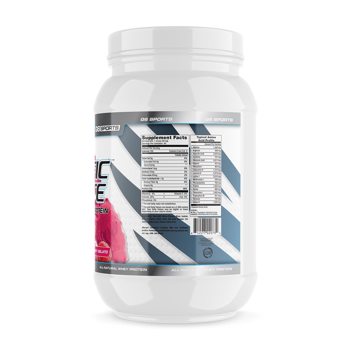 G6 Sports Prolific Isolate Whey Protein Powder – 25g Protein, 100 Calories, Gluten Free, Lactose Free, Soy Free, Stevia Sweetened, Raspberry Gelato – 2.5lb
