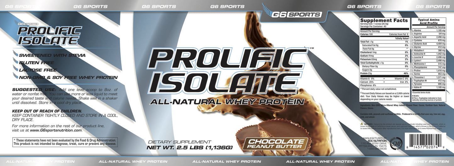 G6 Sports Prolific Isolate Whey Protein Powder – 25g Protein, 100 Calories, Gluten Free, Lactose Free, Soy Free, Stevia Sweetened – 2.5lb Jar – Chocolate Peanut Butter