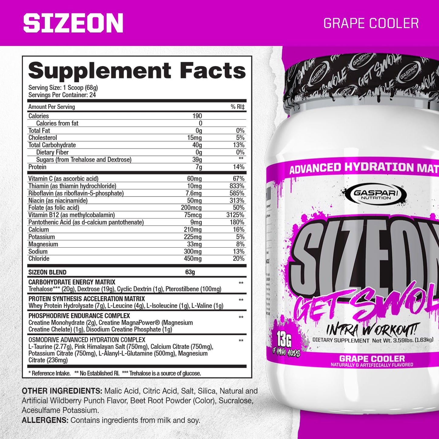 Gaspari SizeOn: Hybrid Intra-Workout Aminos & Creatine (Grape Cooler)