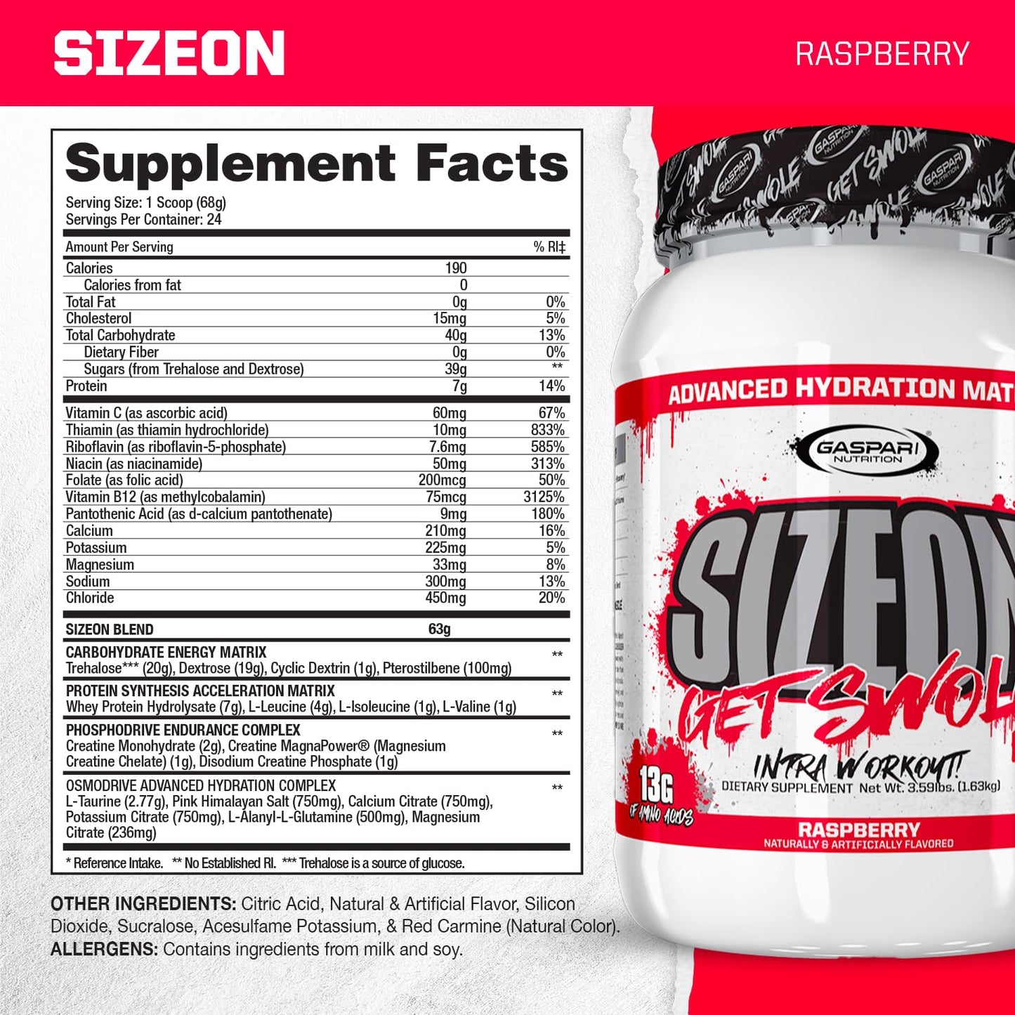 Gaspari SizeOn – Hybrid Intra-Workout Amino Acids & Creatine for Muscle Size & Recovery (3.59 lb Raspberry)