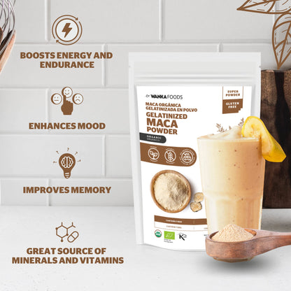 WANKA FOODS Organic Gelatinized Maca Powder – 8oz / 227g | Peruvian Maca Root, Vegan, USDA Organic, Non-GMO, Gluten-Free, Keto-Friendly