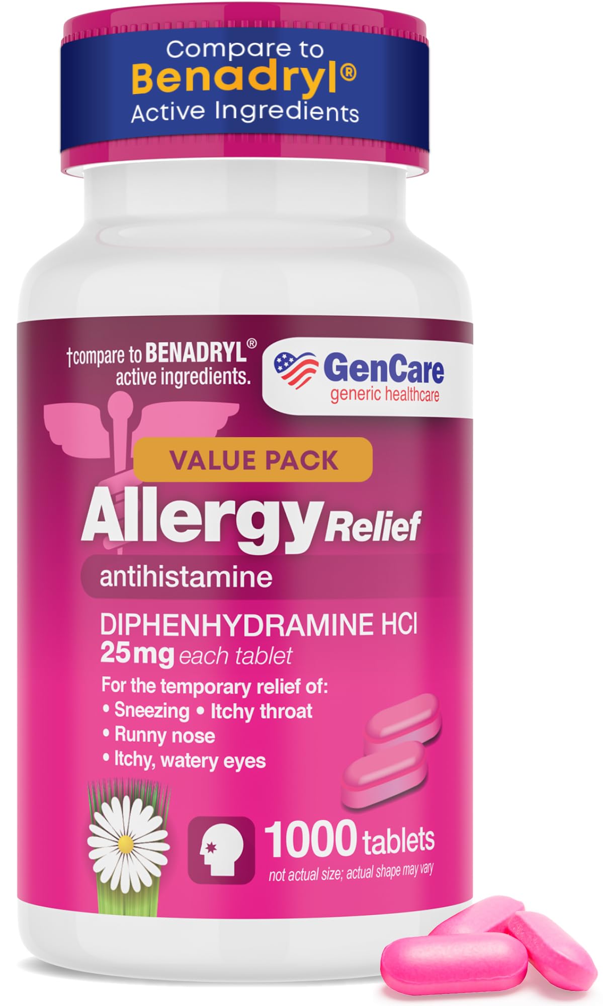 GenCare Allergy Relief Medicine – Bulk 1000 Count | Diphenhydramine 25mg for Adults