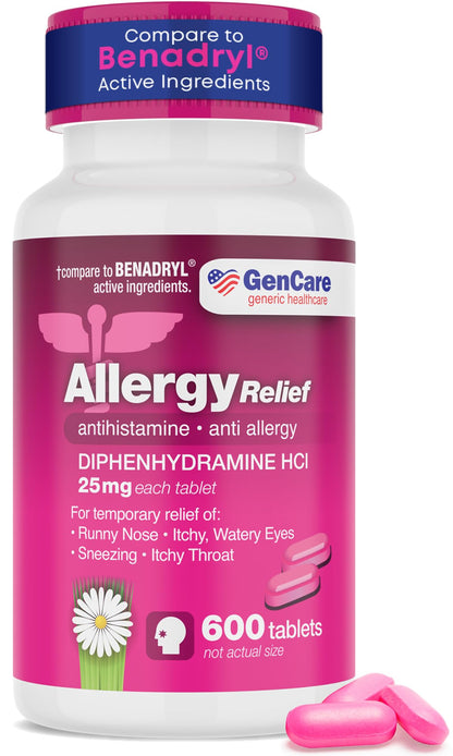 GenCare Allergy Relief Medicine – 600-Count Diphenhydramine 25mg for Adults