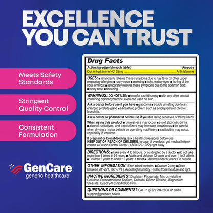 GenCare Allergy Relief Medicine – 600-Count Diphenhydramine 25mg for Adults