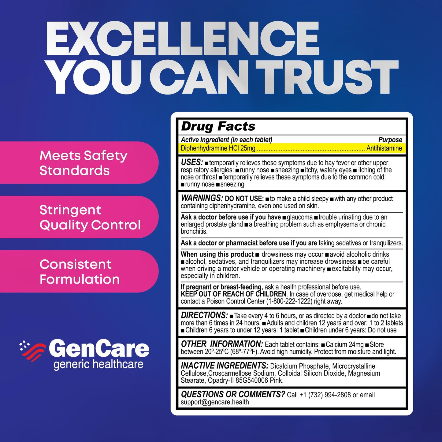 GenCare Allergy Relief Medicine – 600-Count Diphenhydramine 25mg for Adults