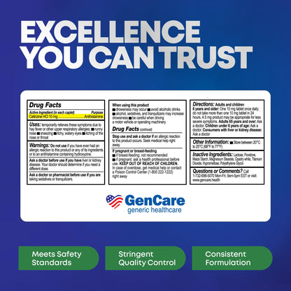 GenCare Cetirizine HCL 10 mg (300 Caplets) – 24-Hour Non-Drowsy Allergy Relief | OTC Antihistamine