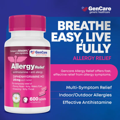 GenCare Allergy Relief Medicine – 600-Count Diphenhydramine 25mg for Adults