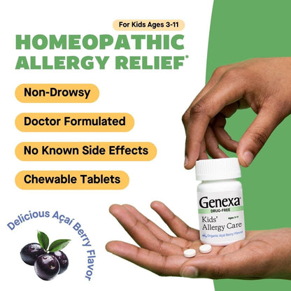 Genexa Kids Allergy Care | Drug-Free, Non-Drowsy Allergy Relief for Kids (Ages 3–11) | Organic Acai Berry Flavor | 60 Chewables