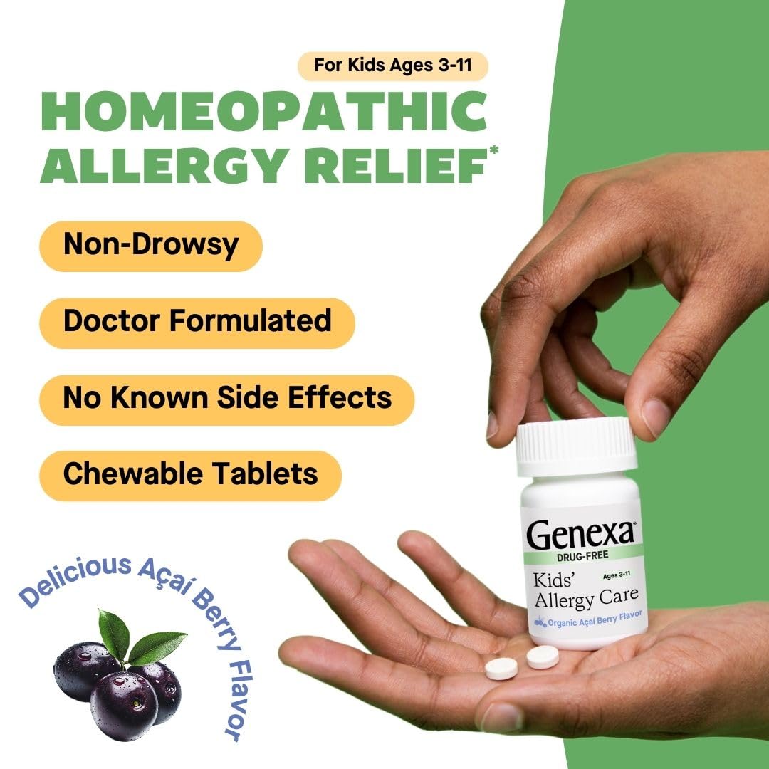 Genexa Kids Allergy Care | Drug-Free, Non-Drowsy Allergy Relief for Kids (Ages 3–11) | Organic Acai Berry Flavor | 60 Chewables