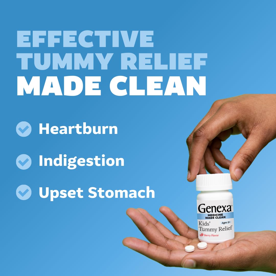 Genexa Kids' Clean Tummy Relief | Dye-Free Berry Chewables for Ages 2-11 | 500 mg Calcium Carbonate