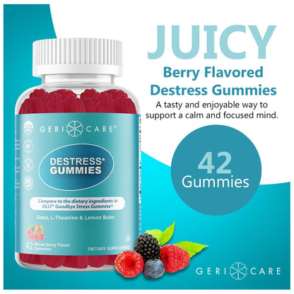 GeriCare DeStress Gummies – GABA, L-Theanine & Lemon Balm (Mixed Berry) – 42 Count – Non-GMO, Gluten-Free, Vegan