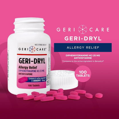 Geri-Dryl Allergy Relief Tablets (100 Count) by GeriCare | Diphenhydramine HCl 25mg Antihistamine for Sneezing, Runny Nose, Itchy Eyes & Throats