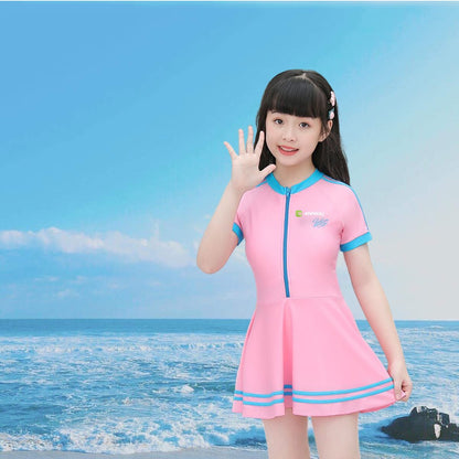 Girls Short Sleeved Zippered One-piece Swimsuit