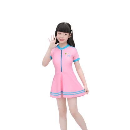 Girls Short Sleeved Zippered One-piece Swimsuit