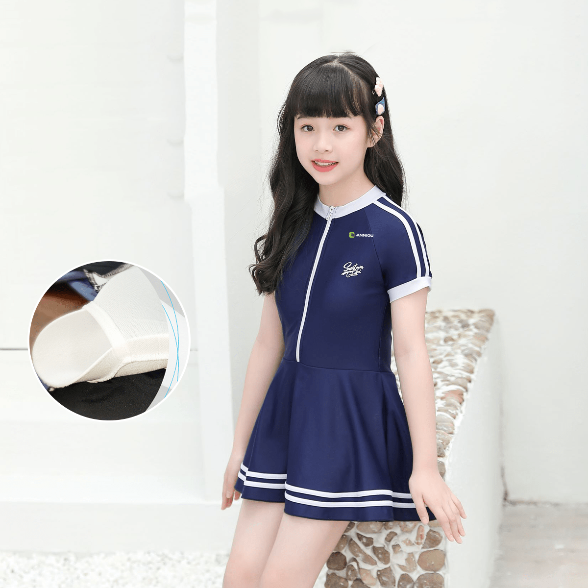 Girls Short Sleeved Zippered One-piece Swimsuit