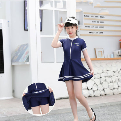 Girls Short Sleeved Zippered One-piece Swimsuit