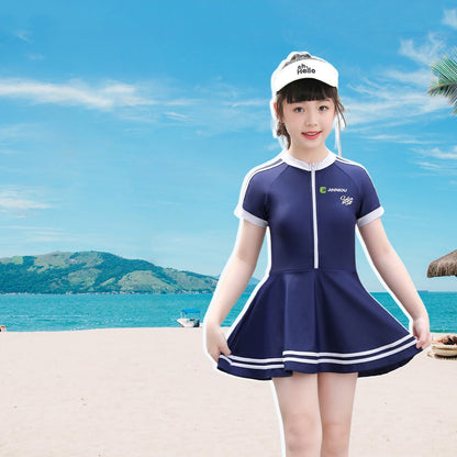 Girls Short Sleeved Zippered One-piece Swimsuit
