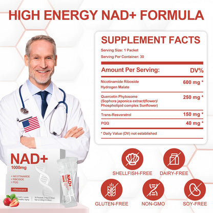 GlossLuxe NAD Liquid 1000mg – NAD+ Supplement with Nicotinamide Riboside, Resveratrol & PQQ | 30 Packets