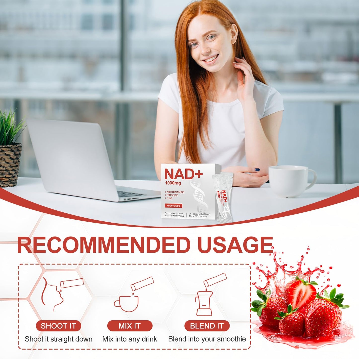 GlossLuxe NAD Liquid 1000mg – NAD+ Supplement with Nicotinamide Riboside, Resveratrol & PQQ | 30 Packets