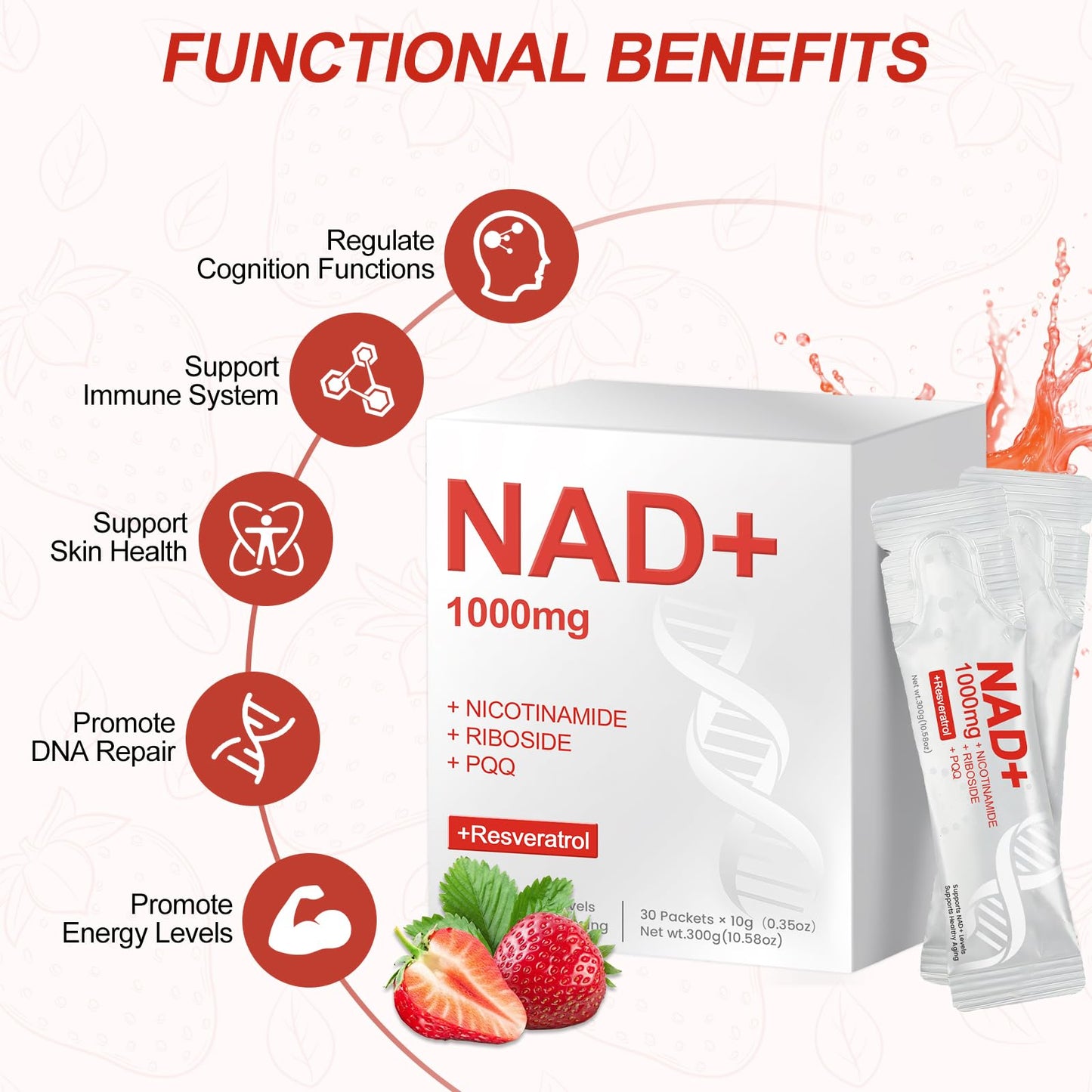 Glowshave NAD 1000mg Liquid Packets – NAD+ Berry Drink Mix with NR, Resveratrol & PQQ – 30 Packets