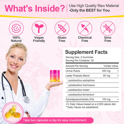 Glowshave Her Juicy Feminine Probiotics Gummies for Women, Pineapple with Slippery Elm - 60 Gummies