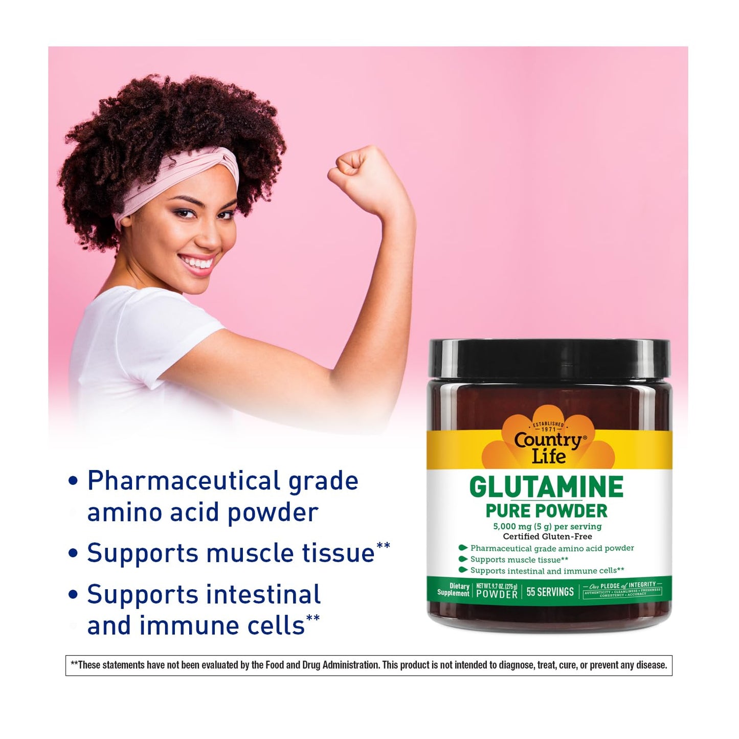 Country Life Glutamine Pure Powder 5000mg – 55 Servings | Gluten-Free Certified GFCO