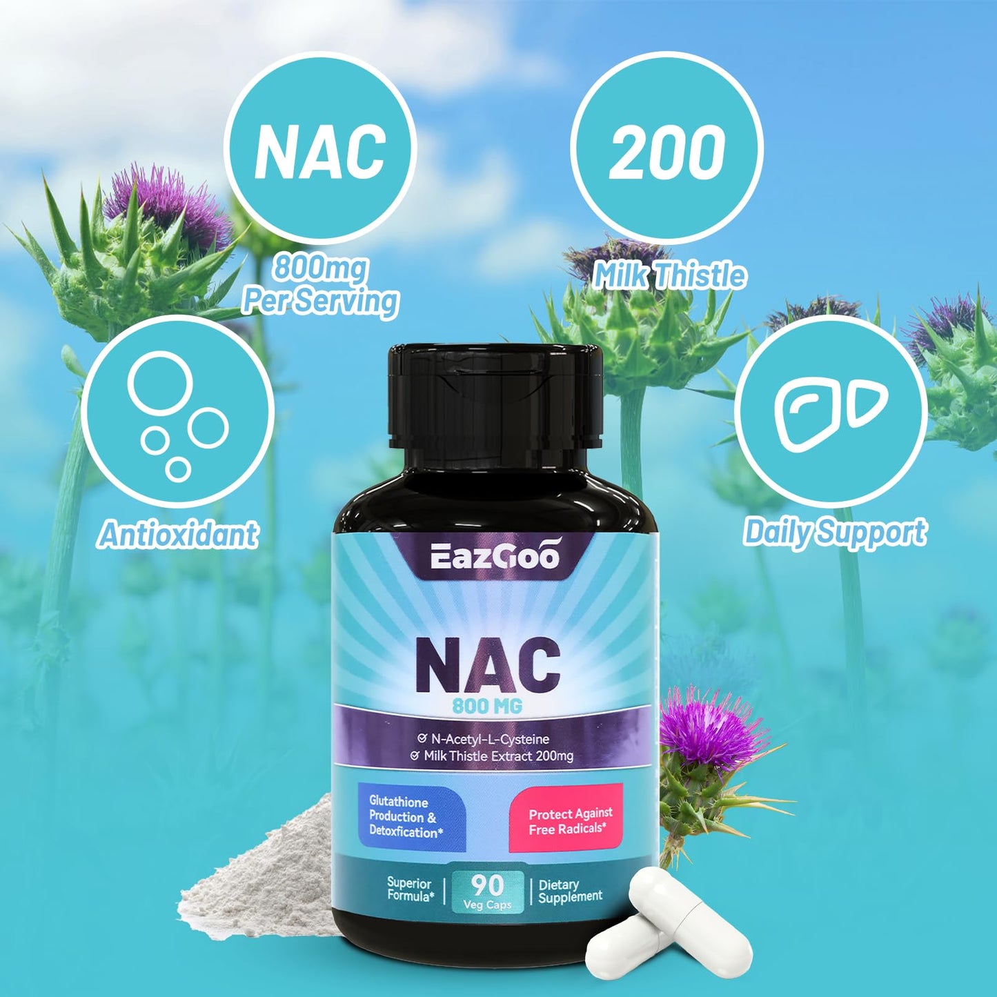 NAC 800mg + Milk Thistle 200mg Capsules – Antioxidant, 90 Count, Vegan