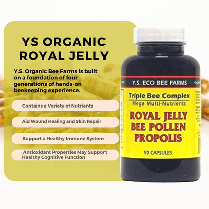 YS Organics Triple Bee Complex - Royal Jelly, Bee Pollen & Propolis | 90 Capsules + Bonus Key Chain