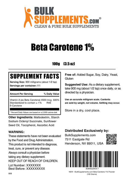 BulkSupplements Beta Carotene Powder - Vitamin A Support for Immune & Vision Health | Gluten Free, 900 mg per Serving, 100 g (Pack of 1)