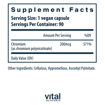 Vital Nutrients Chromium Polynicotinate 200mcg | Chromium Supplements for Healthy Fat and Carbohydrate Metabolism | Cholesterol Maintenance | Gluten-Free | Non-GMO | 90 Capsules