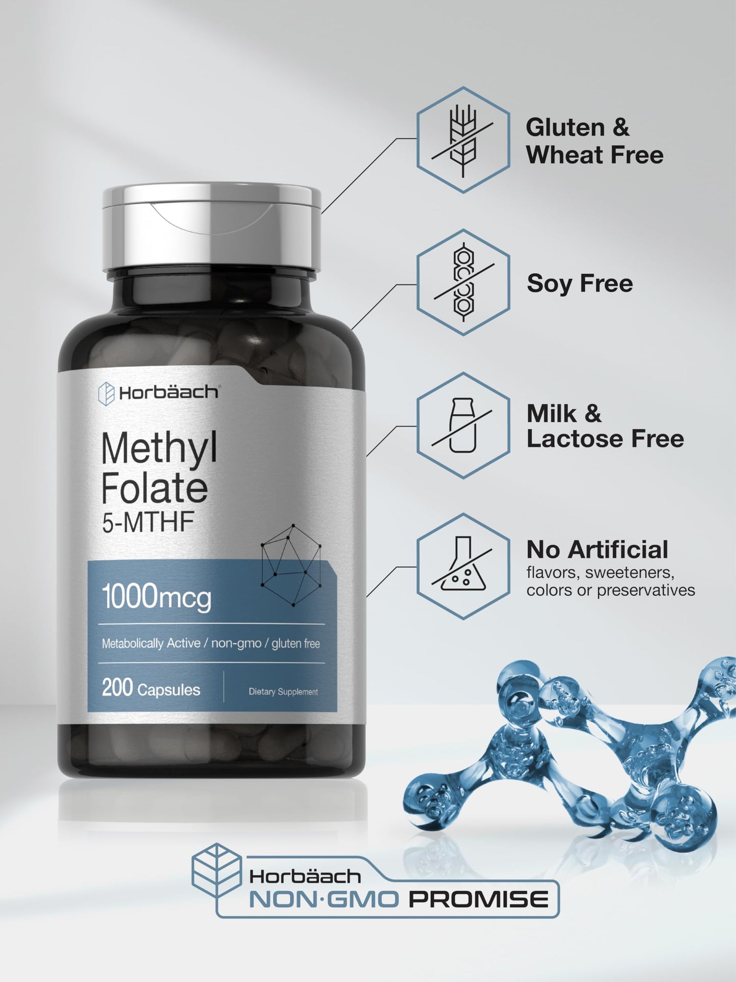 Horbäach Methyl Folate 1000 mcg | 200 Capsules | 5-MTHF | Non-GMO, Gluten Free