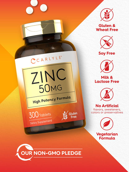 Carlyle Zinc 50mg – 300 Tablets | Vegetarian, Non-GMO, Gluten Free | Zinc Gluconate | High Potency