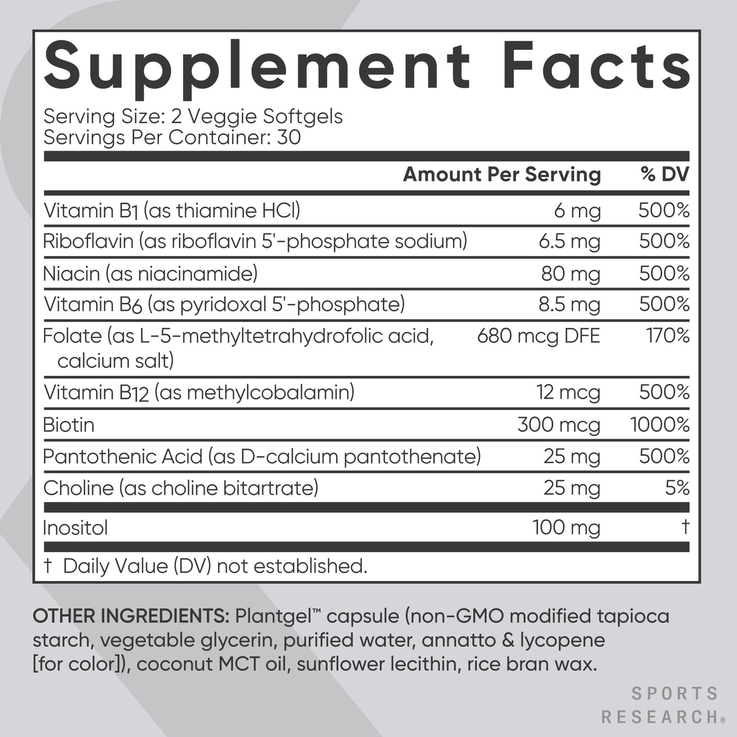 Sports Research Vitamin B-Complex – Full Spectrum B Vitamins with Methylated B12 & Folate | Gluten Free, Plant-Based, Non-GMO, Vegan-Friendly - 60 Veggie Softgels